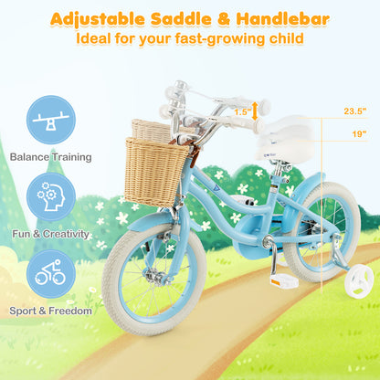 14-Inch Kids Bike with Training Wheels and Adjustable Handlebar Seat, Blue Kids Bike at Gallery Canada