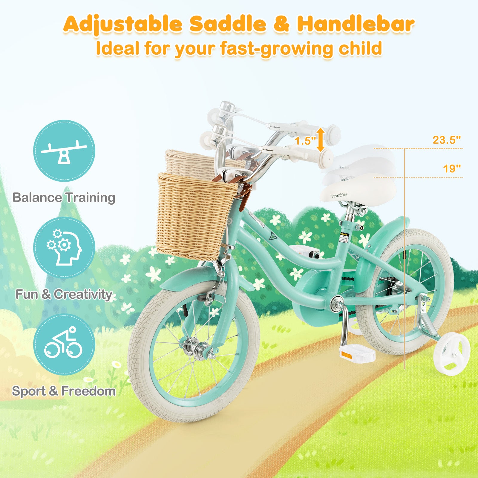 14-Inch Kids Bike with Training Wheels and Adjustable Handlebar Seat, Green Kids Bike at Gallery Canada