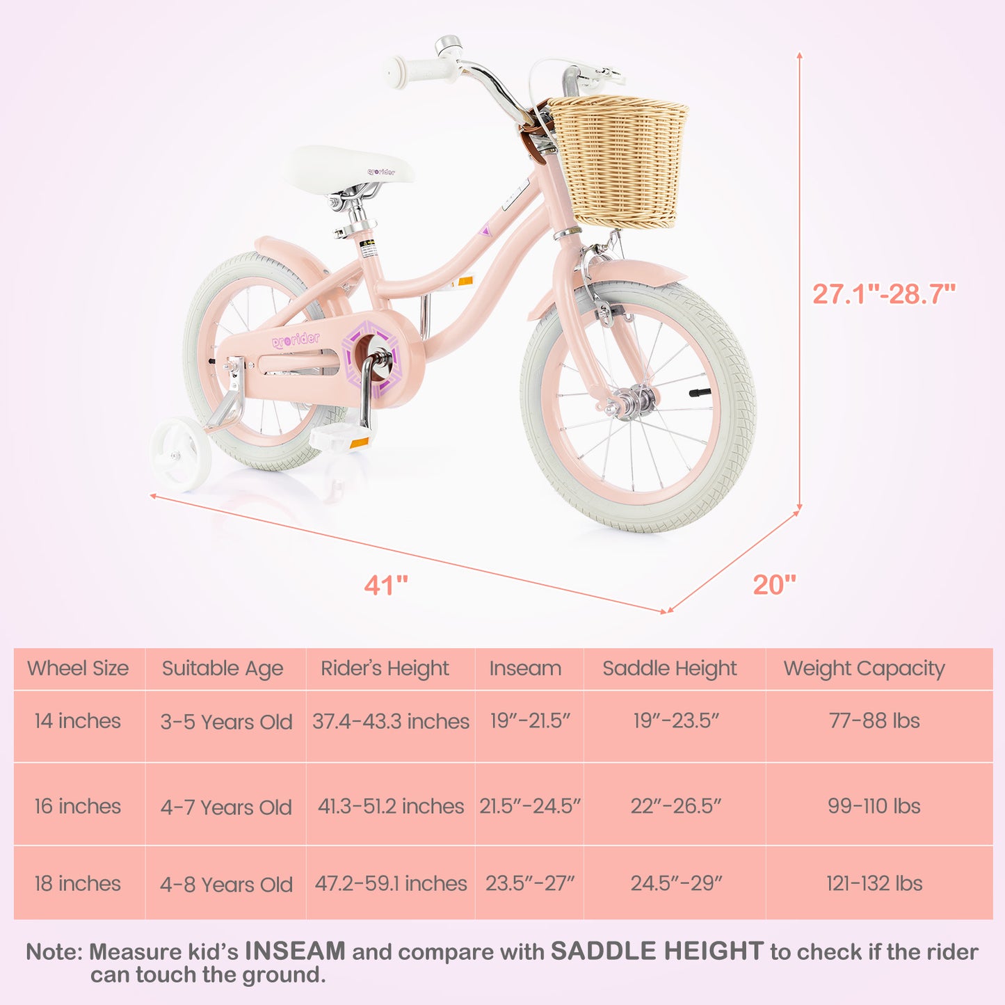 14-Inch Kids Bike with Training Wheels and Adjustable Handlebar Seat, Pink Kids Bike at Gallery Canada