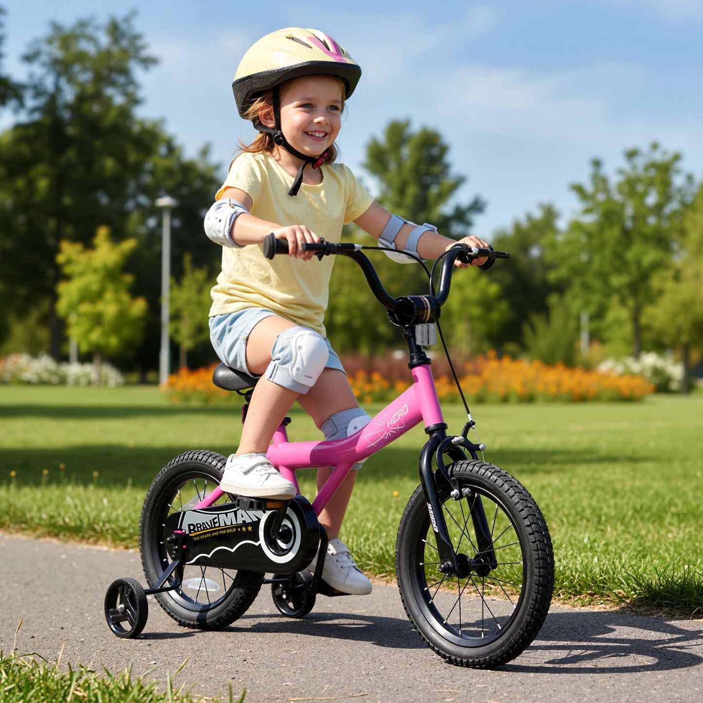 14-Inch Kids Bike with Removable Training Wheels Pink-Brave Hero Scooters at Gallery Canada