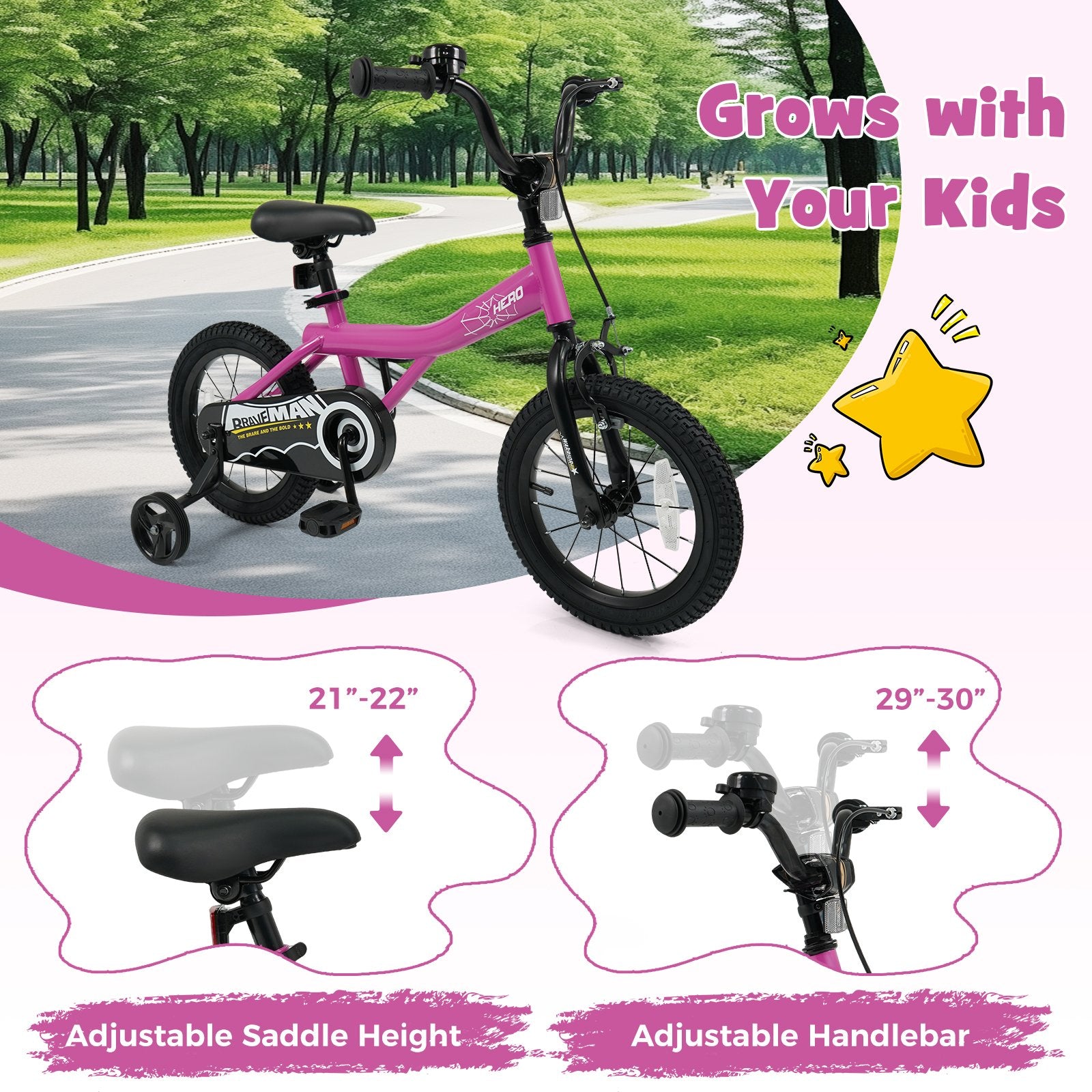 14-Inch Kids Bike with Removable Training Wheels Pink-Brave Hero Scooters at Gallery Canada
