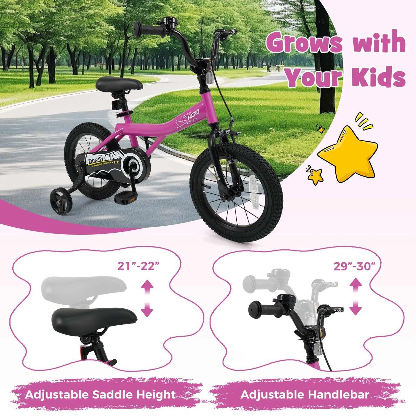 14-Inch Kids Bike with Removable Training Wheels Pink-Brave Hero Scooters at Gallery Canada