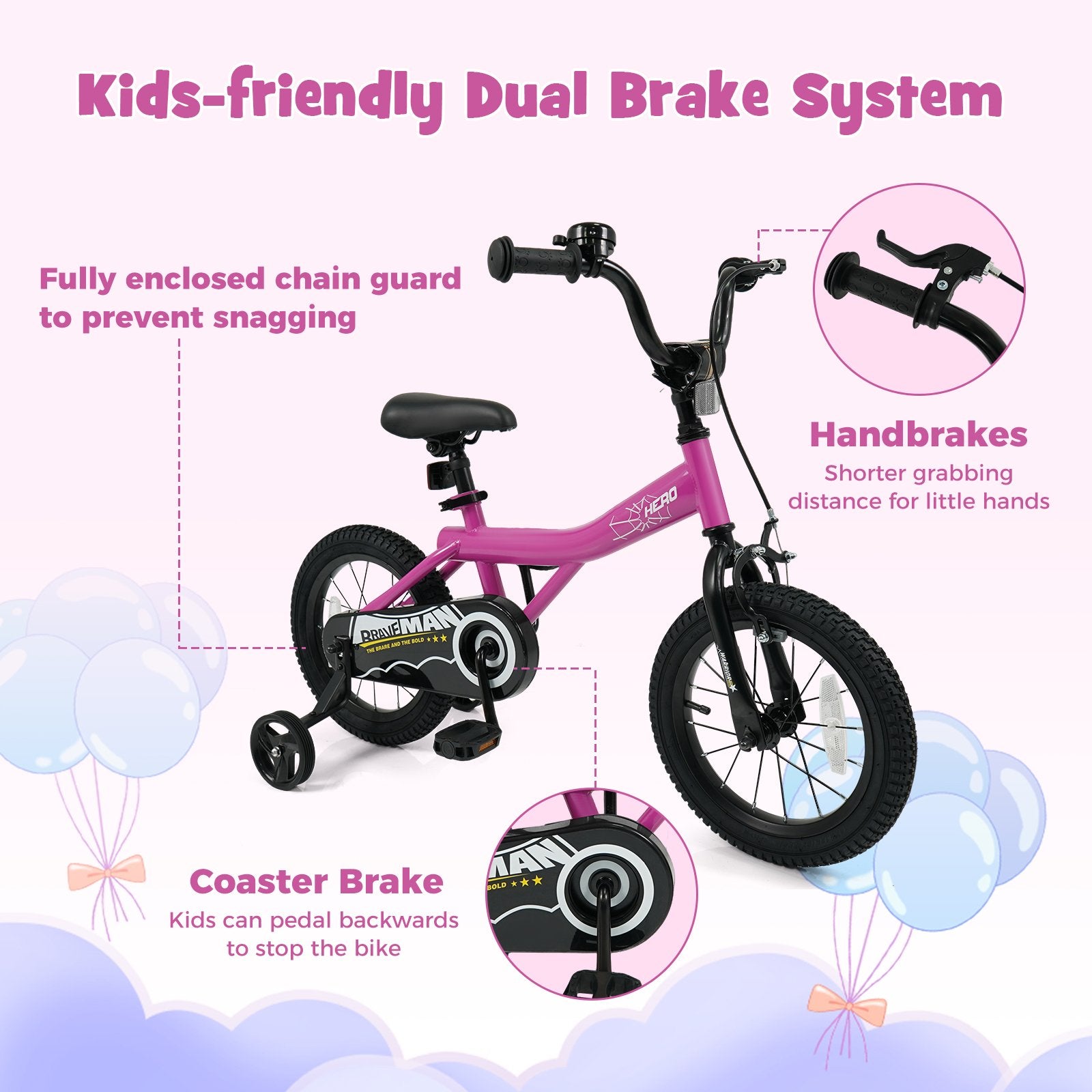14-Inch Kids Bike with Removable Training Wheels Pink-Brave Hero Scooters at Gallery Canada