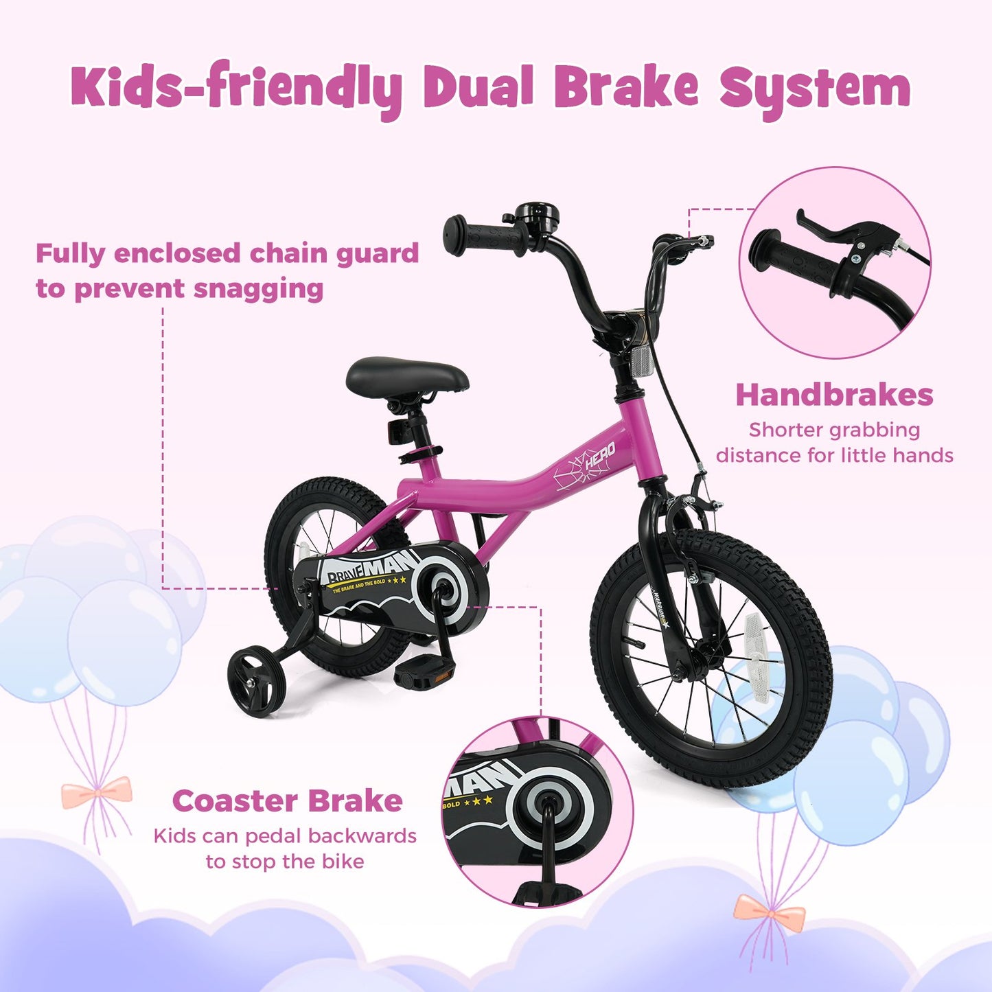 14-Inch Kids Bike with Removable Training Wheels Pink-Brave Hero Scooters at Gallery Canada