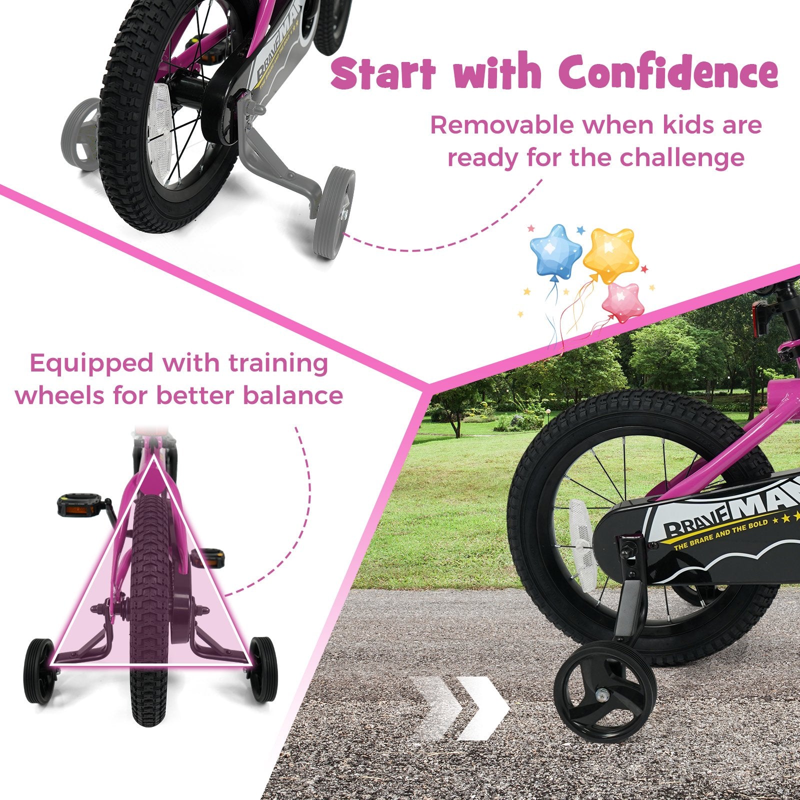 14-Inch Kids Bike with Removable Training Wheels Pink-Brave Hero Scooters at Gallery Canada