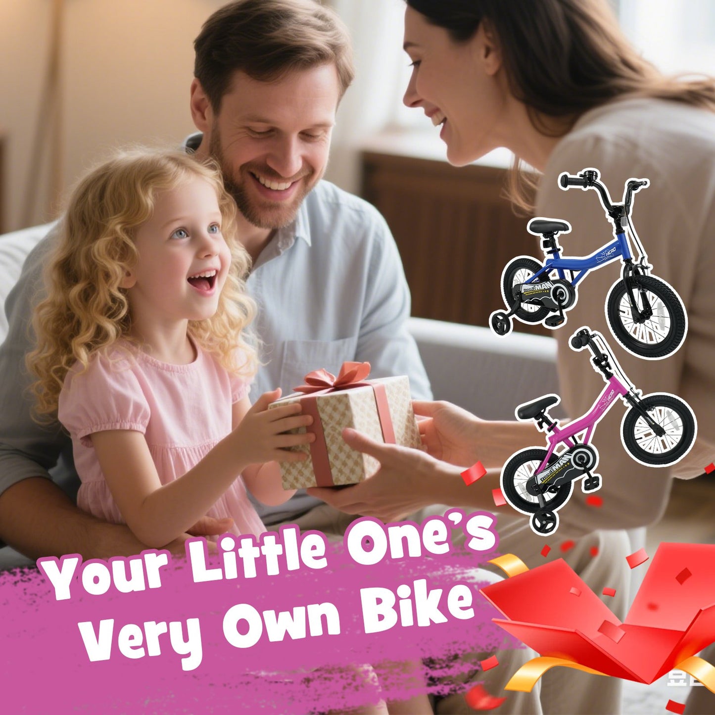 14-Inch Kids Bike with Removable Training Wheels Pink-Brave Hero Scooters at Gallery Canada