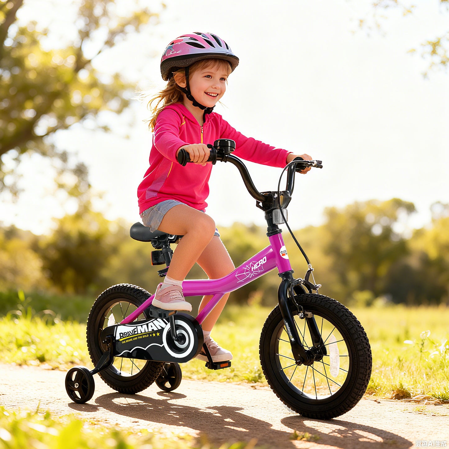 14-Inch Kids Bike with Removable Training Wheels Pink-Brave Hero Scooters at Gallery Canada