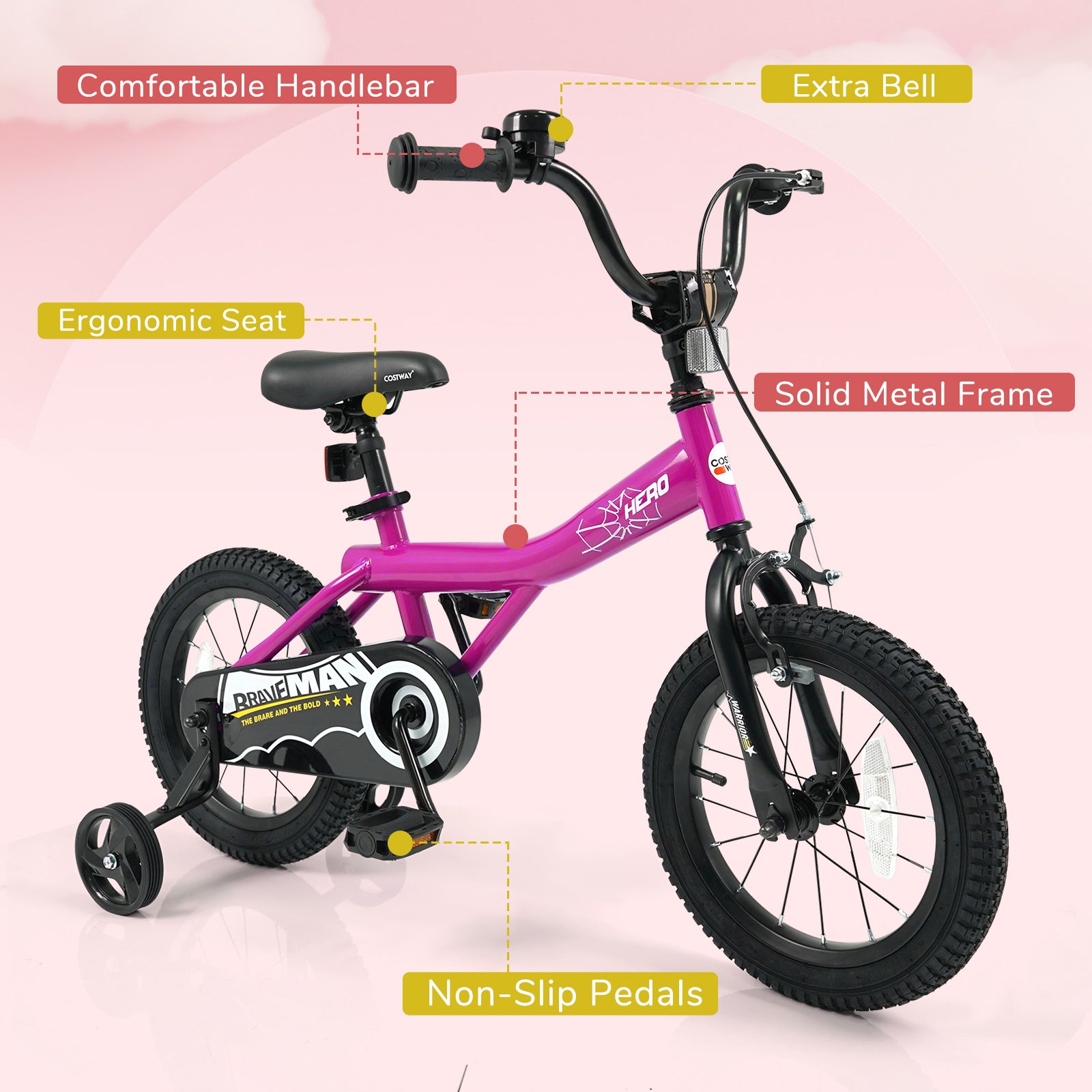 14-Inch Kids Bike with Removable Training Wheels Pink-Brave Hero Scooters at Gallery Canada
