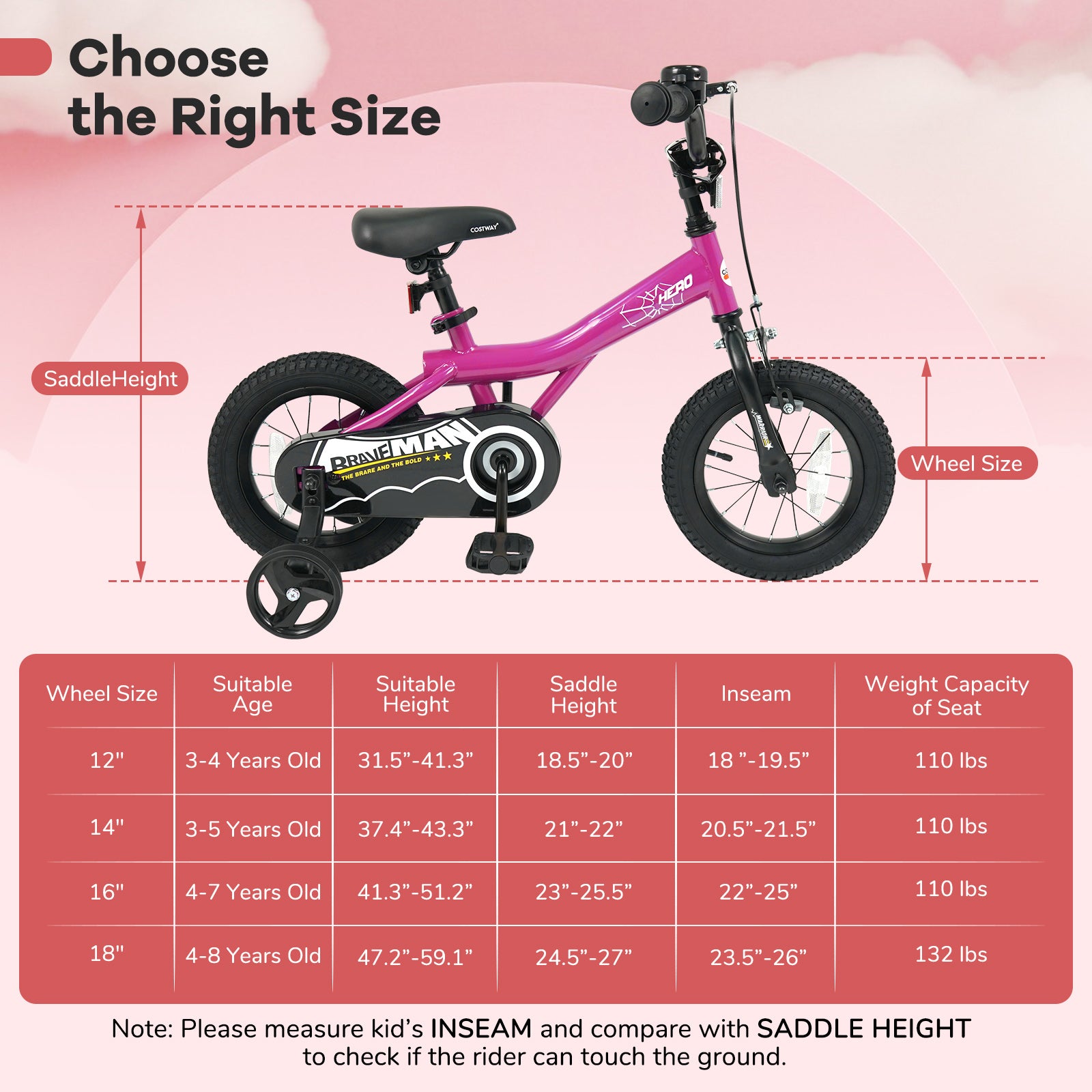 14-Inch Kids Bike with Removable Training Wheels Pink-Brave Hero Scooters at Gallery Canada