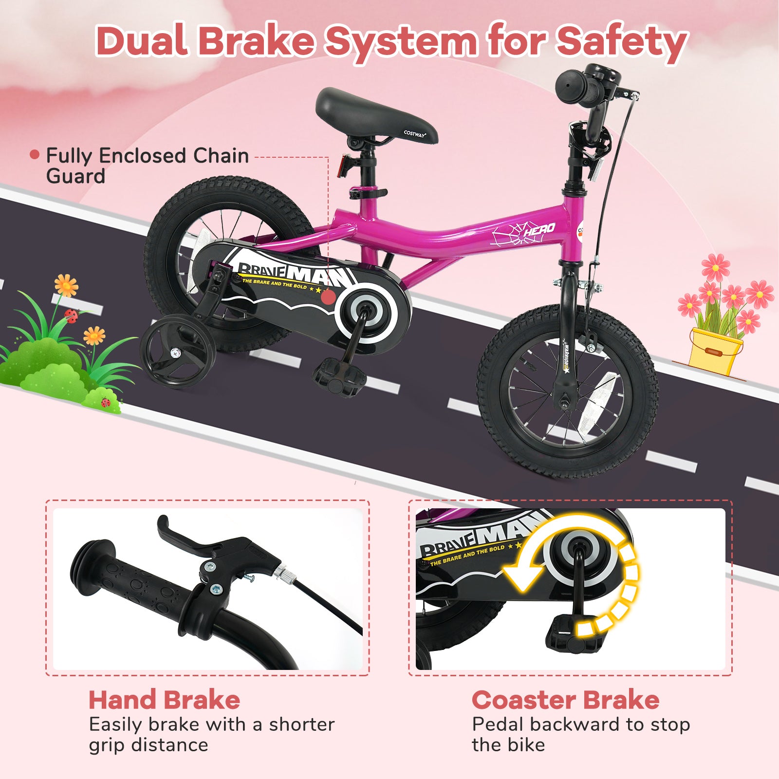 14-Inch Kids Bike with Removable Training Wheels Pink-Brave Hero Scooters at Gallery Canada