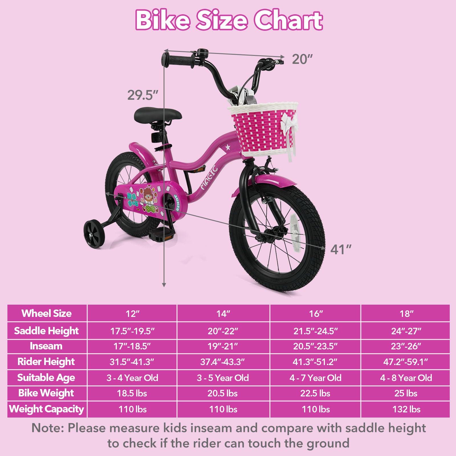 14 Inch Kids Bike with Training Wheels for Aged 3-5 Years Old - Magic Rose, Rose Red Kids Bike at Gallery Canada