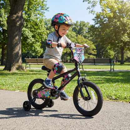14 Inch Kids Bike with Training Wheels for Ages 3-5 Years Old Black- Street Art Time, Black Kids Bike at Gallery Canada