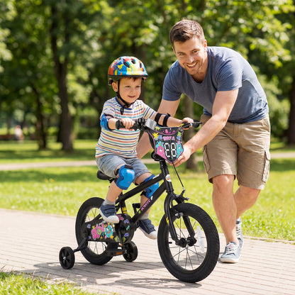14 Inch Kids Bike with Training Wheels for Ages 3-5 Years Old Black- Street Art Time, Black Kids Bike at Gallery Canada