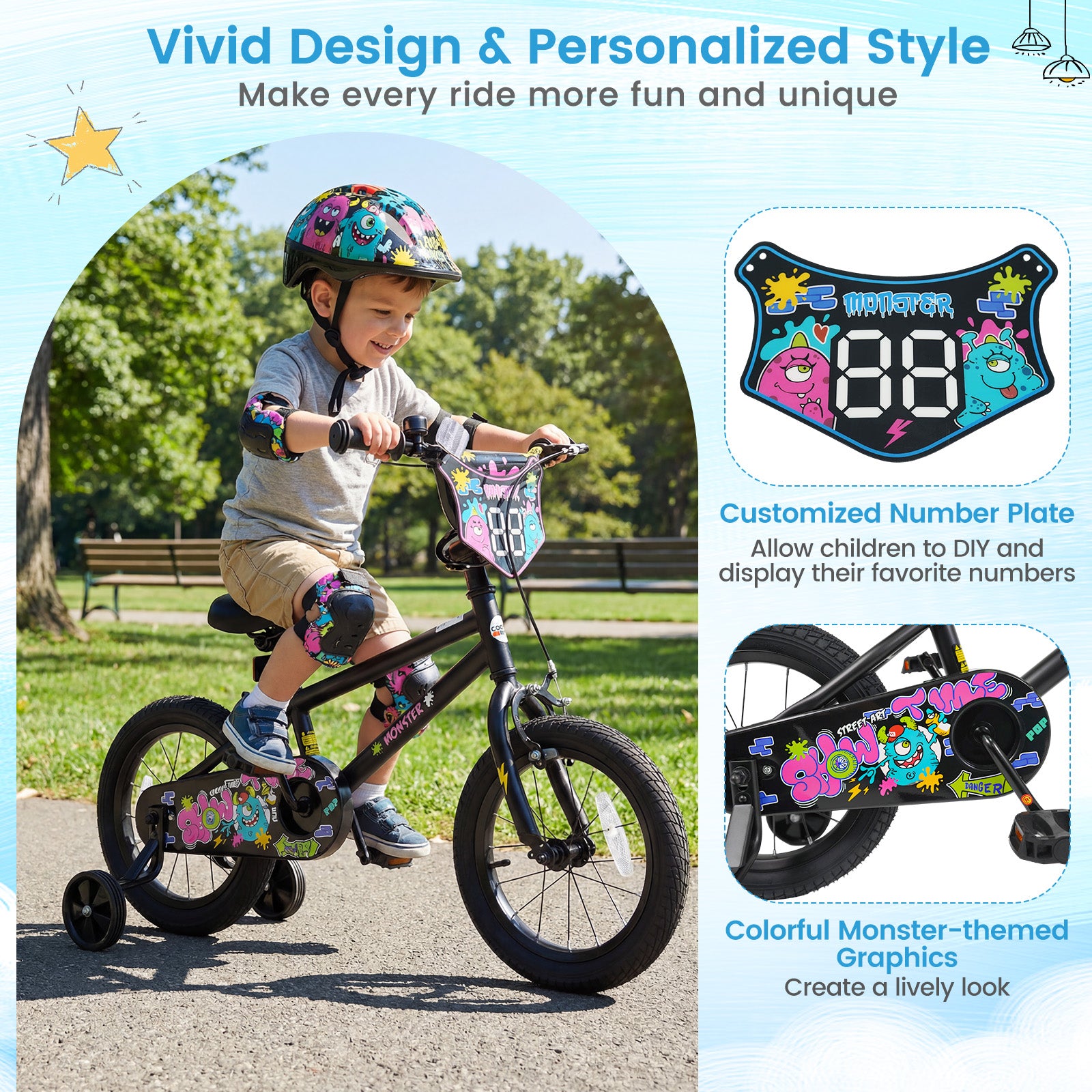 14 Inch Kids Bike with Training Wheels for Ages 3-5 Years Old Black- Street Art Time, Black Kids Bike at Gallery Canada
