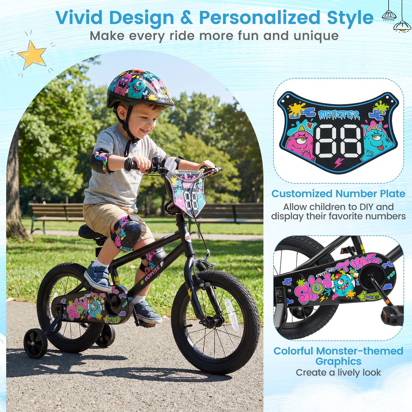14 Inch Kids Bike with Training Wheels for Ages 3-5 Years Old Black- Street Art Time, Black Kids Bike at Gallery Canada