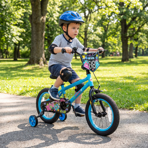 14 Inch Kids Bike with Training Wheels for Ages 3-5 Years Old Blue- Street Art Time, Blue