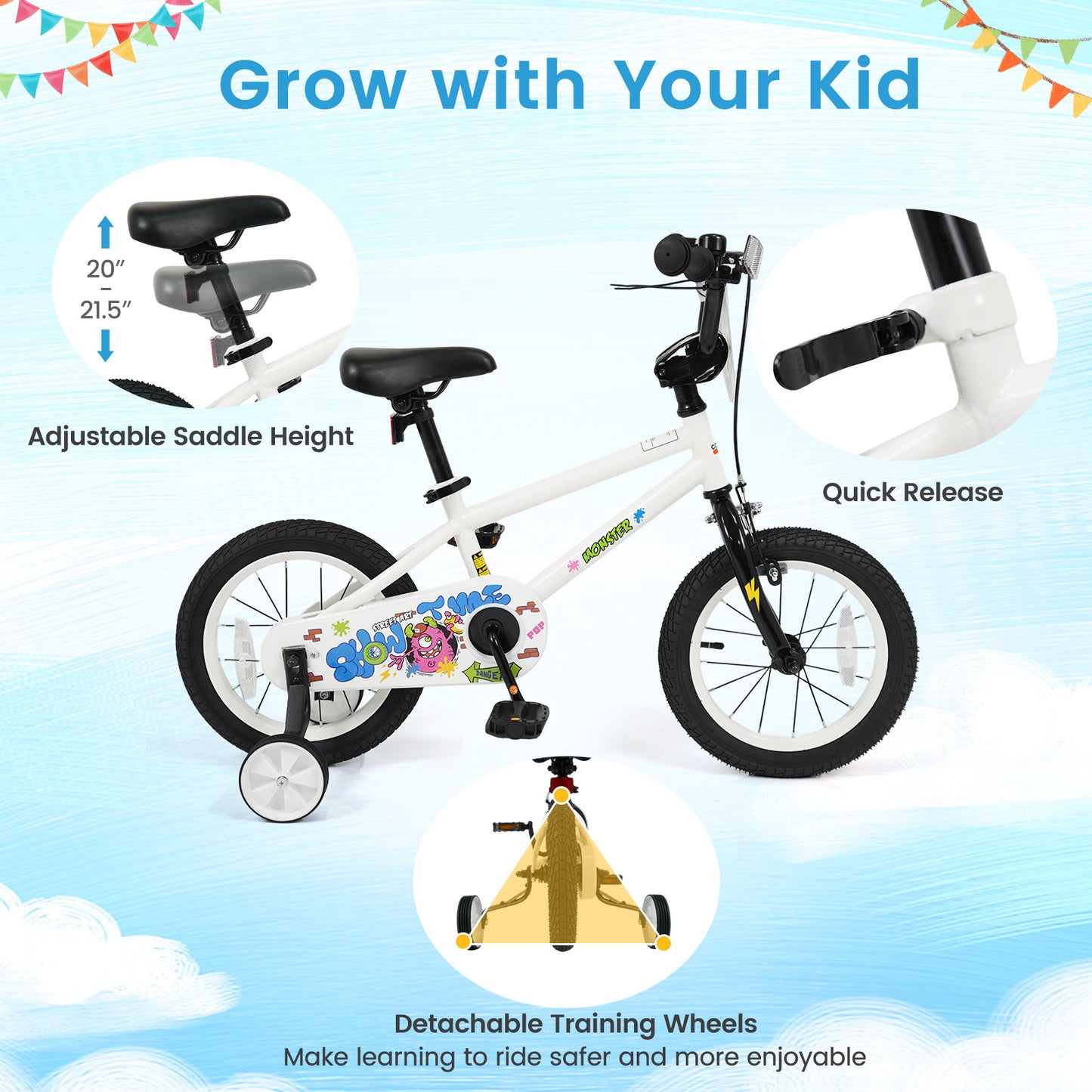 14 Inch Kids Bike with Training Wheels for Ages 3-5 Years Old White- Street Art Time, White Kids Bike at Gallery Canada