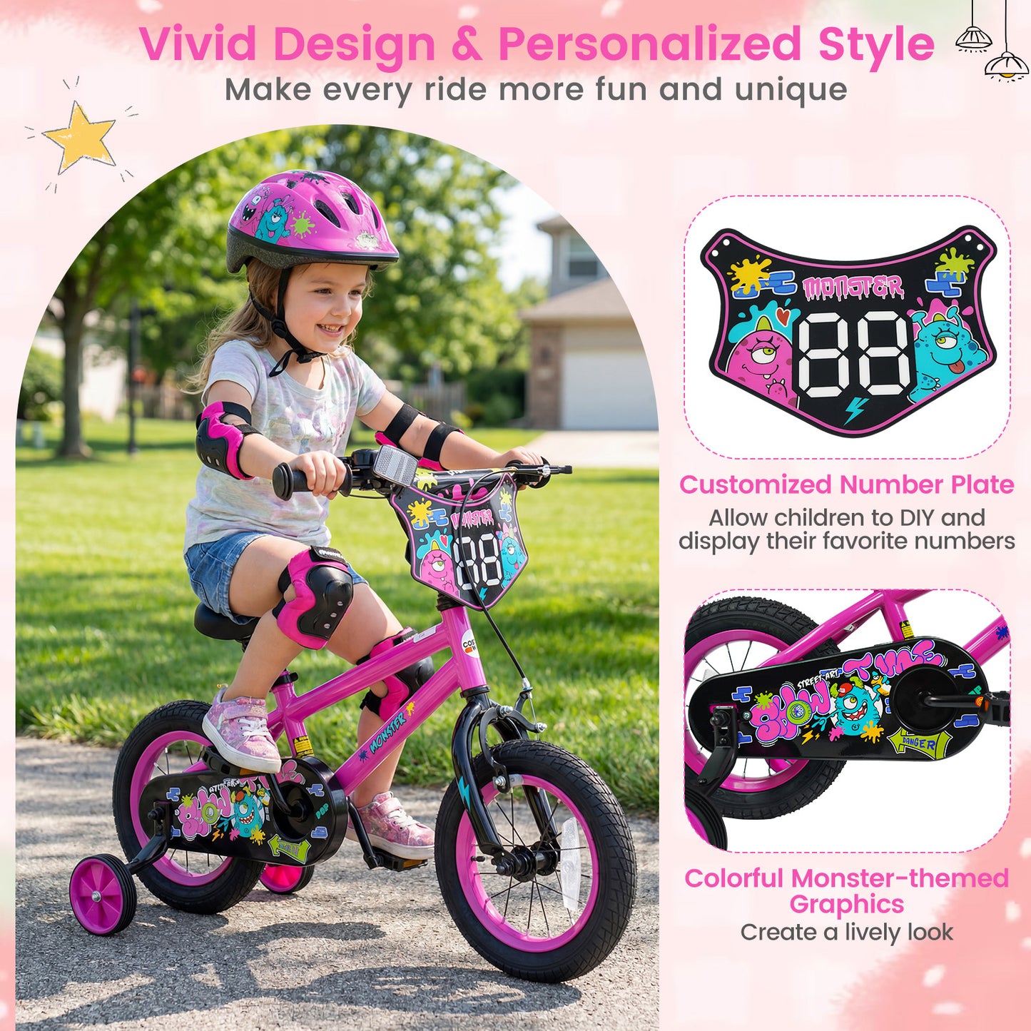 14 Inch Kids Bike with Training Wheels for Ages 3-5 Years Old Pink- Street Art Time, Pink Kids Bike at Gallery Canada