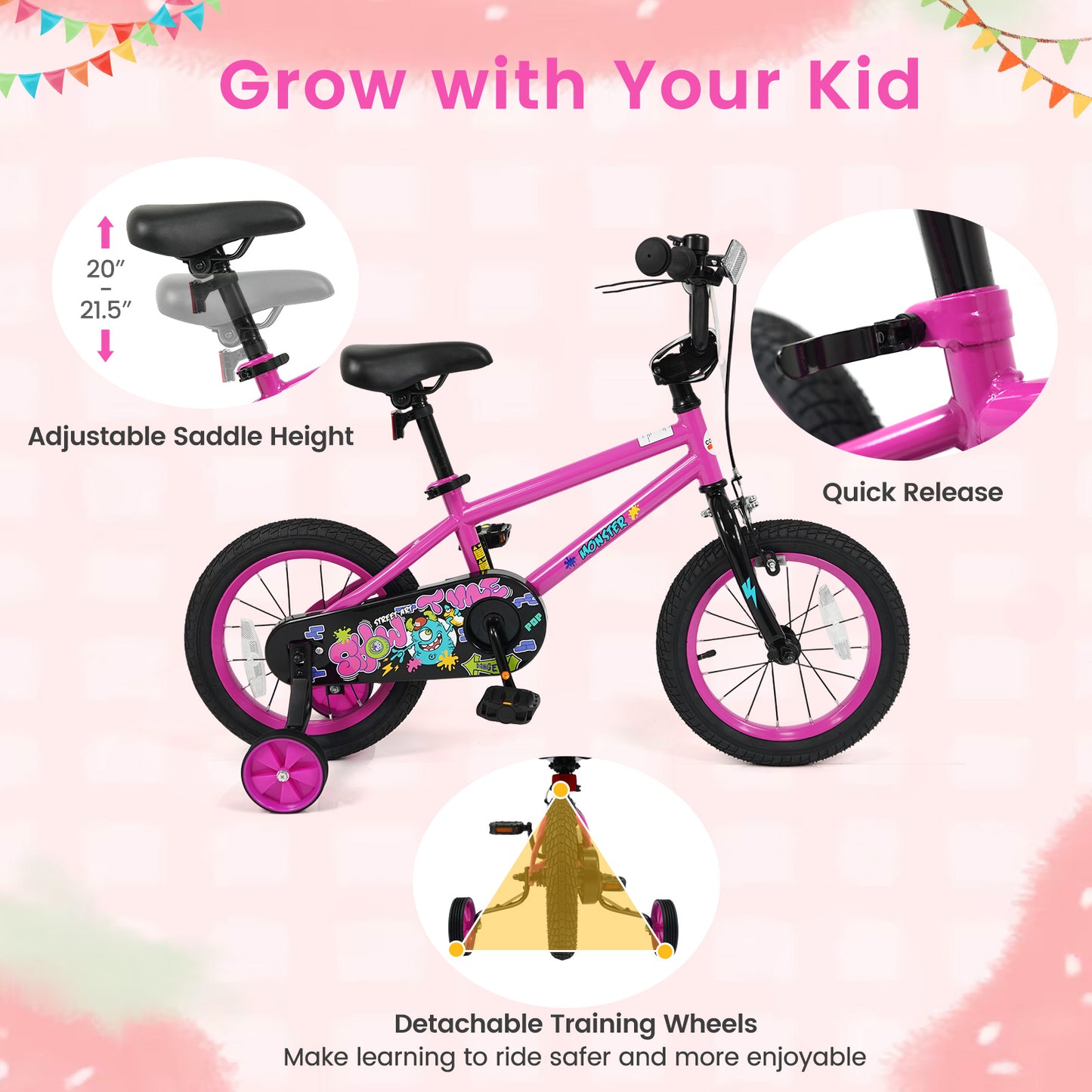 14 Inch Kids Bike with Training Wheels for Ages 3-5 Years Old Pink- Street Art Time, Pink Kids Bike at Gallery Canada