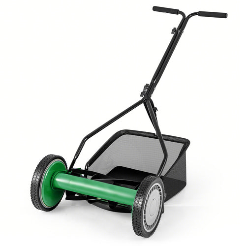 14 Inch Push Lawn Mower, 5 Steel Blades, Grass Catcher Bag, Green