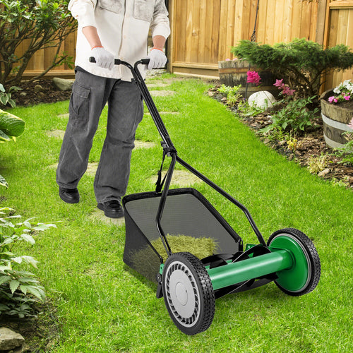 14 Inch Push Lawn Mower, 5 Steel Blades, Grass Catcher Bag, Green