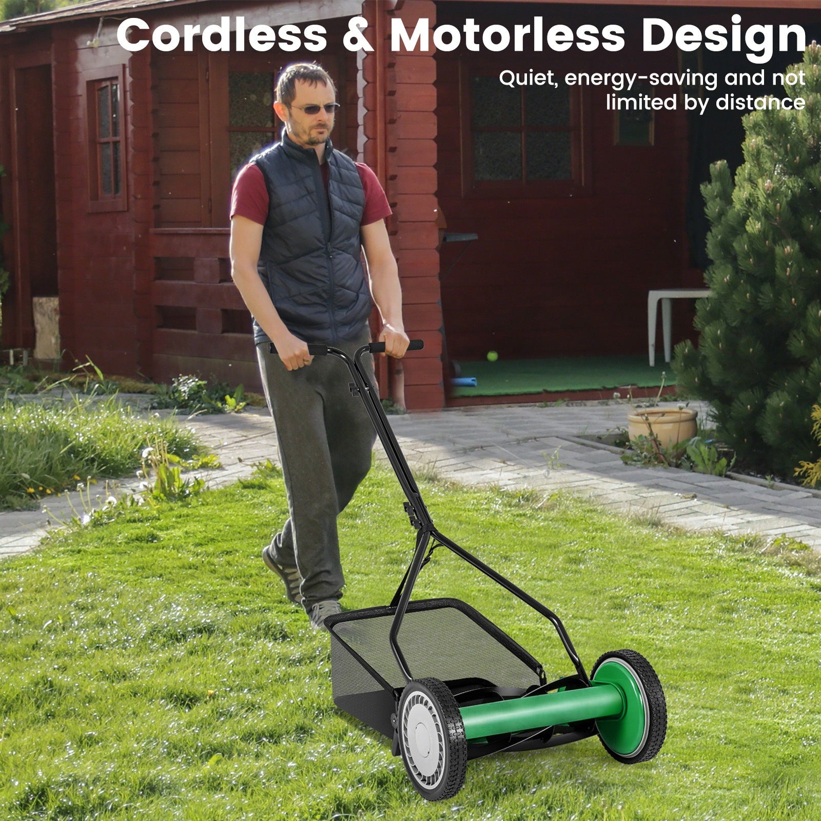 14 Inch Push Lawn Mower, 5 Steel Blades, Grass Catcher Bag, Green Lawn Care Tools at Gallery Canada