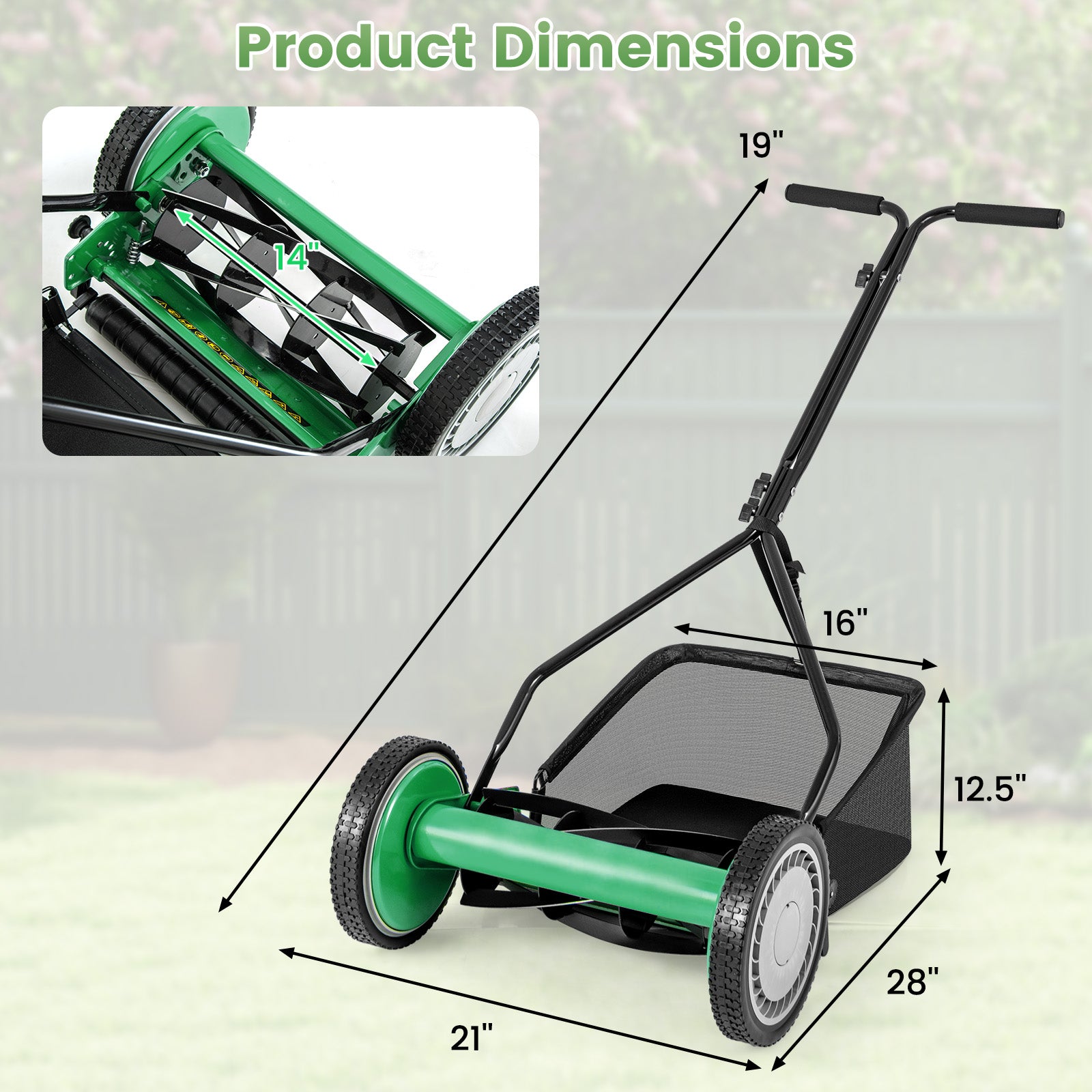 14 Inch Push Lawn Mower, 5 Steel Blades, Grass Catcher Bag, Green Lawn Care Tools at Gallery Canada