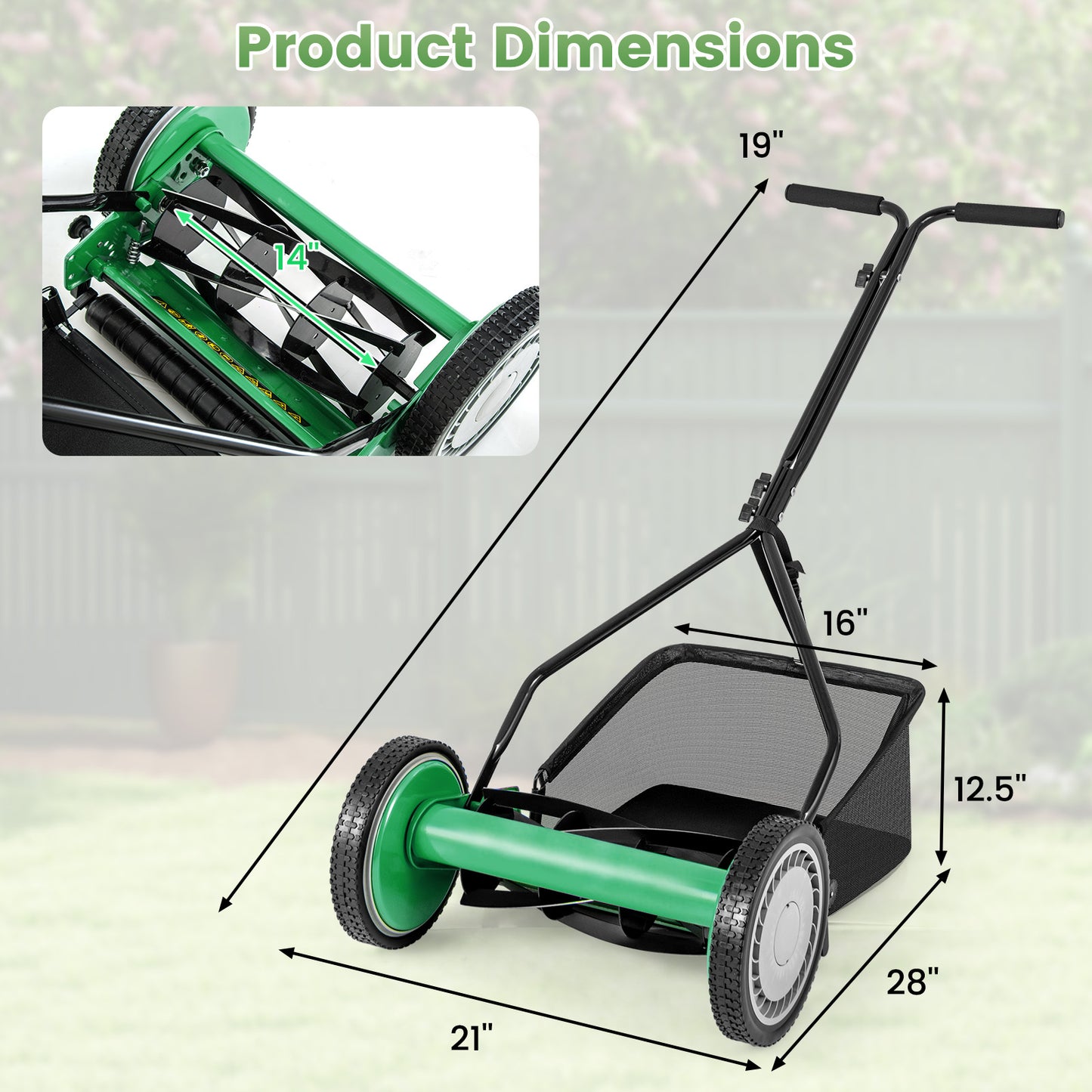 14 Inch Push Lawn Mower, 5 Steel Blades, Grass Catcher Bag, Green Lawn Care Tools at Gallery Canada