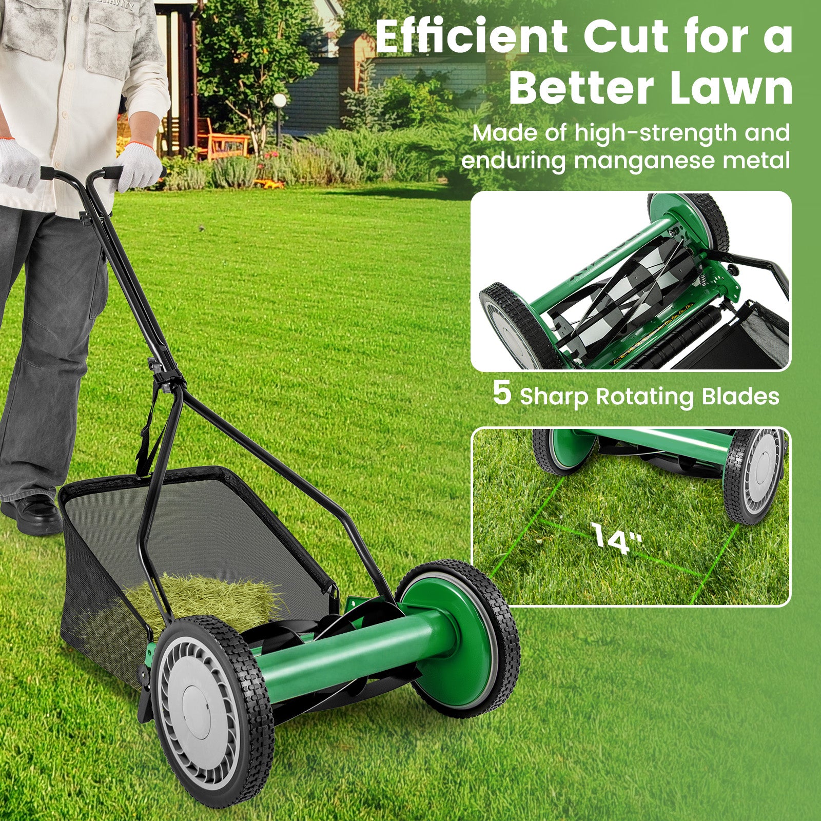 14 Inch Push Lawn Mower, 5 Steel Blades, Grass Catcher Bag, Green Lawn Care Tools at Gallery Canada
