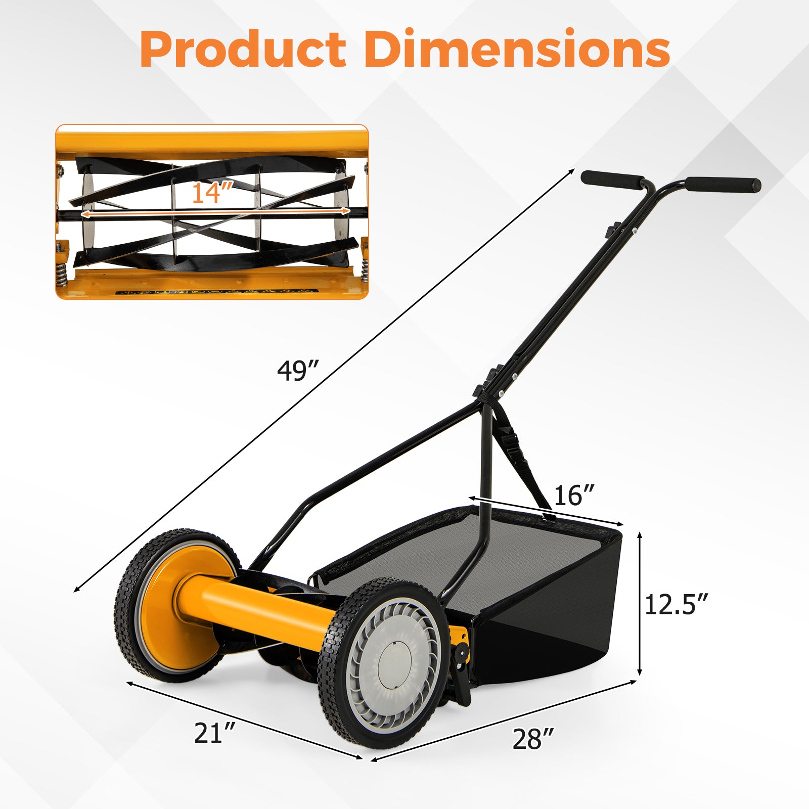 14 Inch Push Lawn Mower, 5 Steel Blades, Grass Catcher Bag, Orange Lawn Care Tools at Gallery Canada