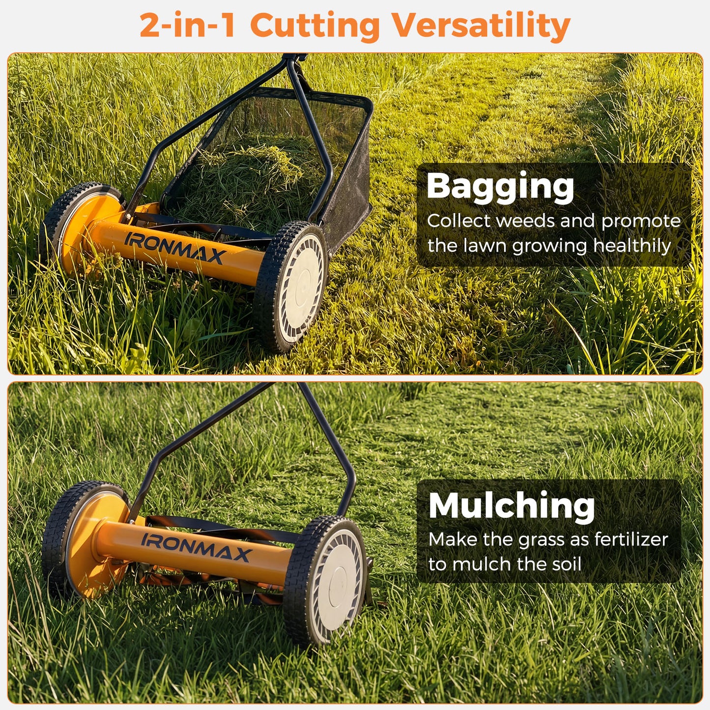 14 Inch Push Lawn Mower, 5 Steel Blades, Grass Catcher Bag, Orange Lawn Care Tools at Gallery Canada