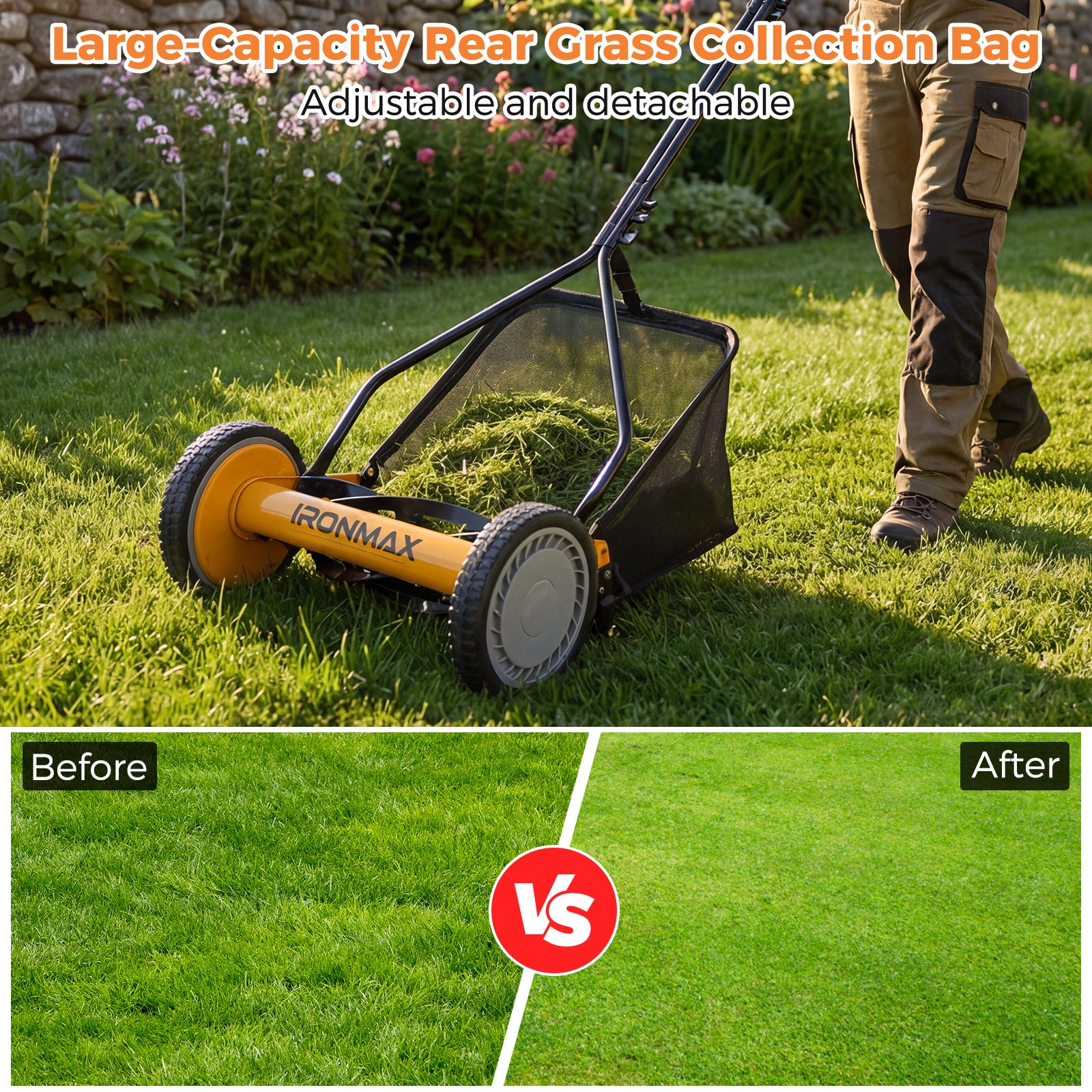 14 Inch Push Lawn Mower, 5 Steel Blades, Grass Catcher Bag, Orange Lawn Care Tools at Gallery Canada