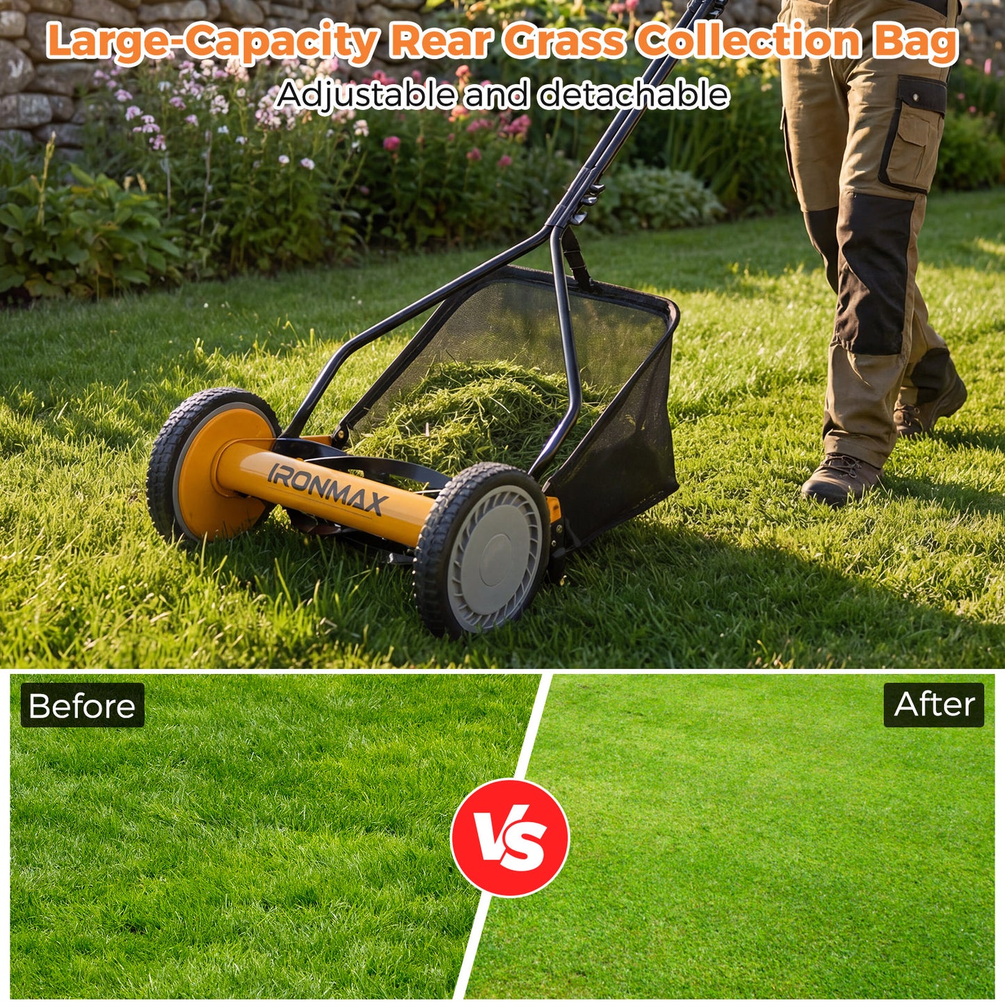 14 Inch Push Lawn Mower, 5 Steel Blades, Grass Catcher Bag, Orange Lawn Care Tools at Gallery Canada