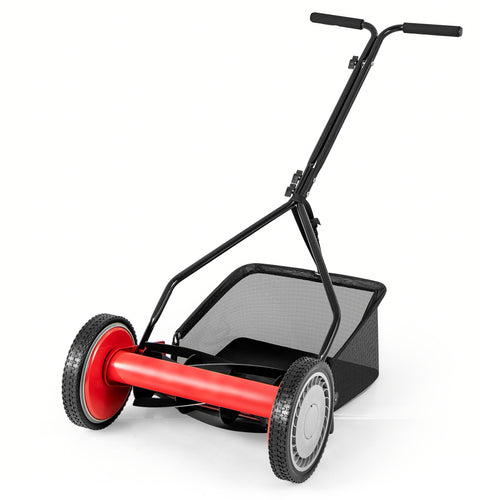 14 Inch Push Lawn Mower, 5 Steel Blades, Grass Catcher Bag, Red