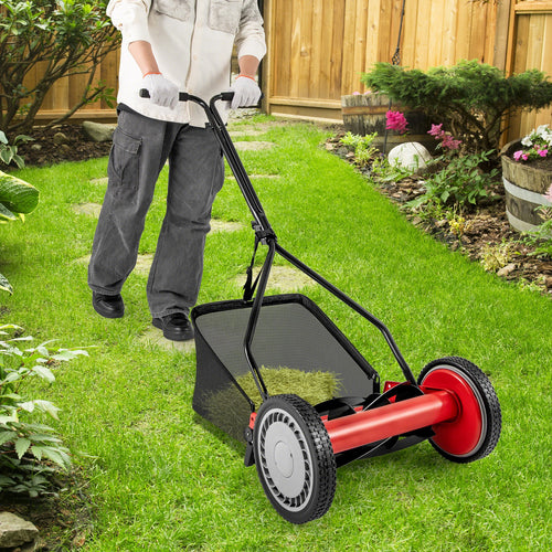 14 Inch Push Lawn Mower, 5 Steel Blades, Grass Catcher Bag, Red