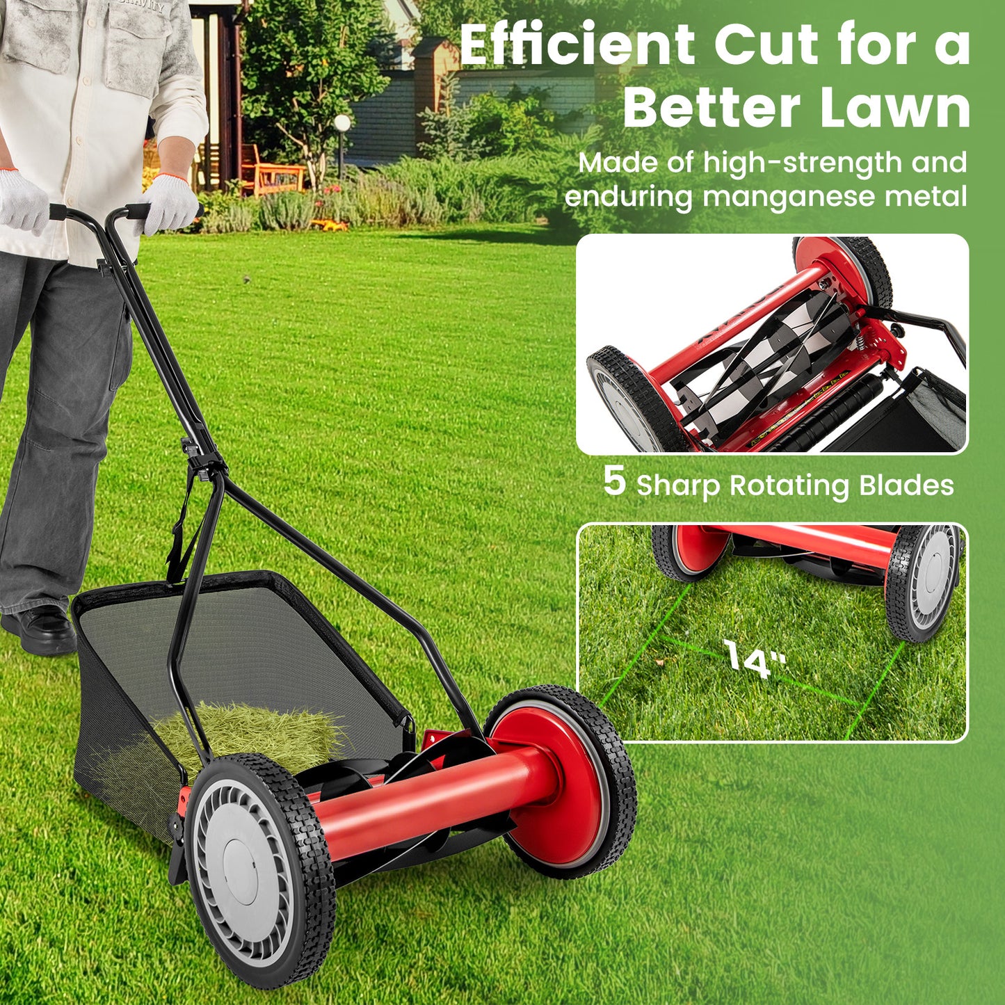 14 Inch Push Lawn Mower, 5 Steel Blades, Grass Catcher Bag, Red Lawn Care Tools at Gallery Canada
