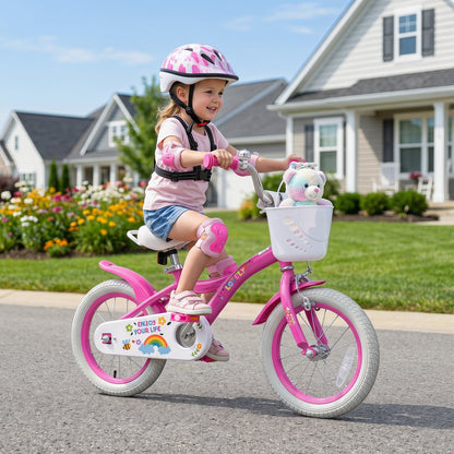 Vélo de fille 14 pouces pour 3-5 ans, panier, rose