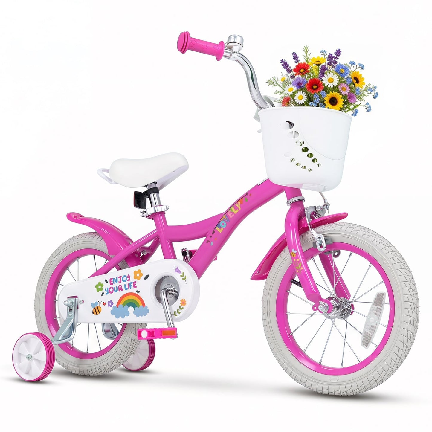 Vélo de fille 14 pouces pour 3-5 ans, panier, rose