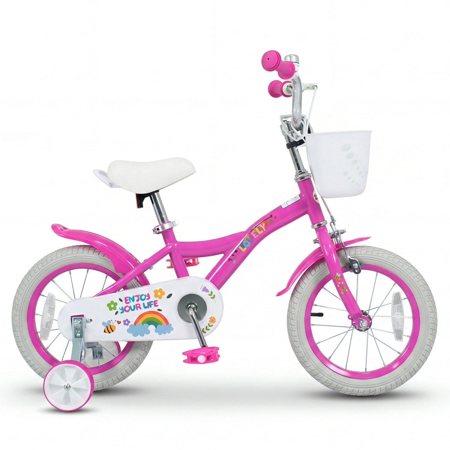 Vélo de fille 14 pouces pour 3-5 ans, panier, rose