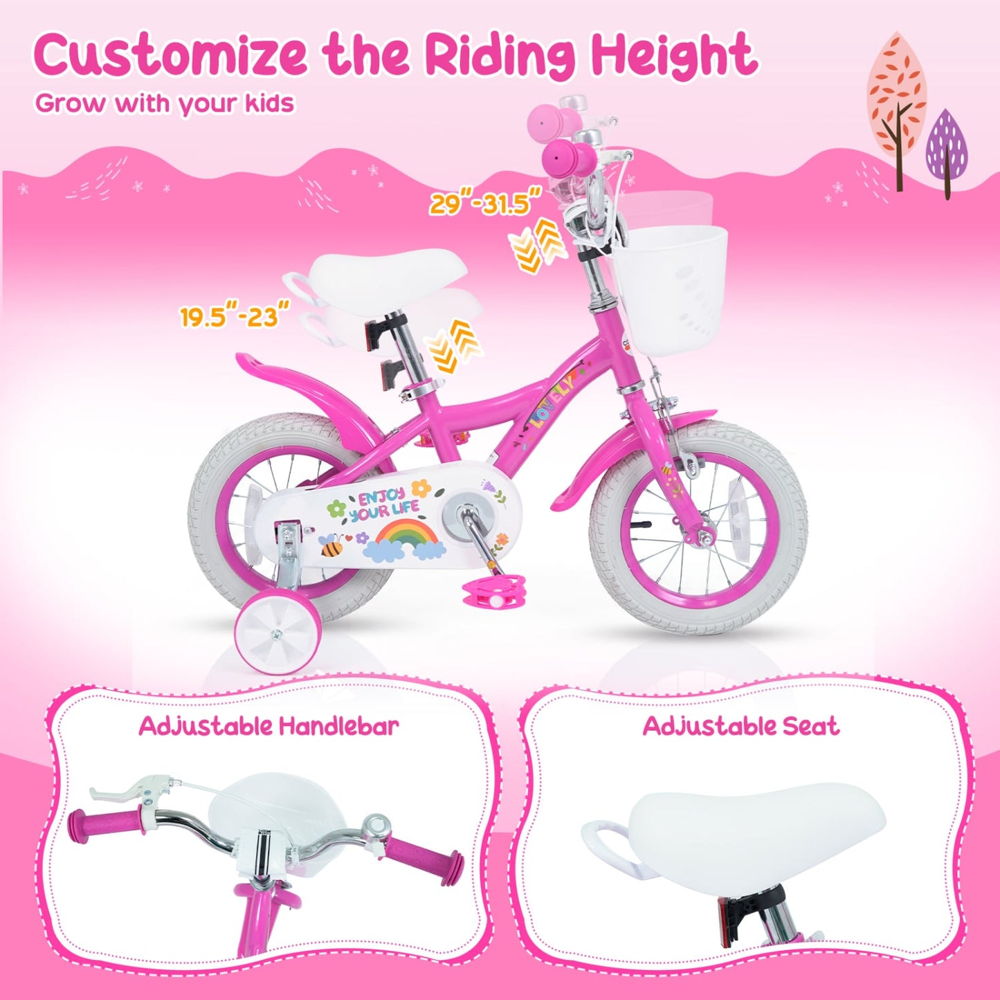 Vélo de fille 14 pouces pour 3-5 ans, panier, rose