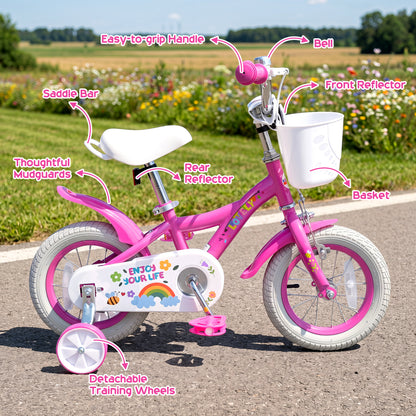 Vélo de fille 14 pouces pour 3-5 ans, panier, rose