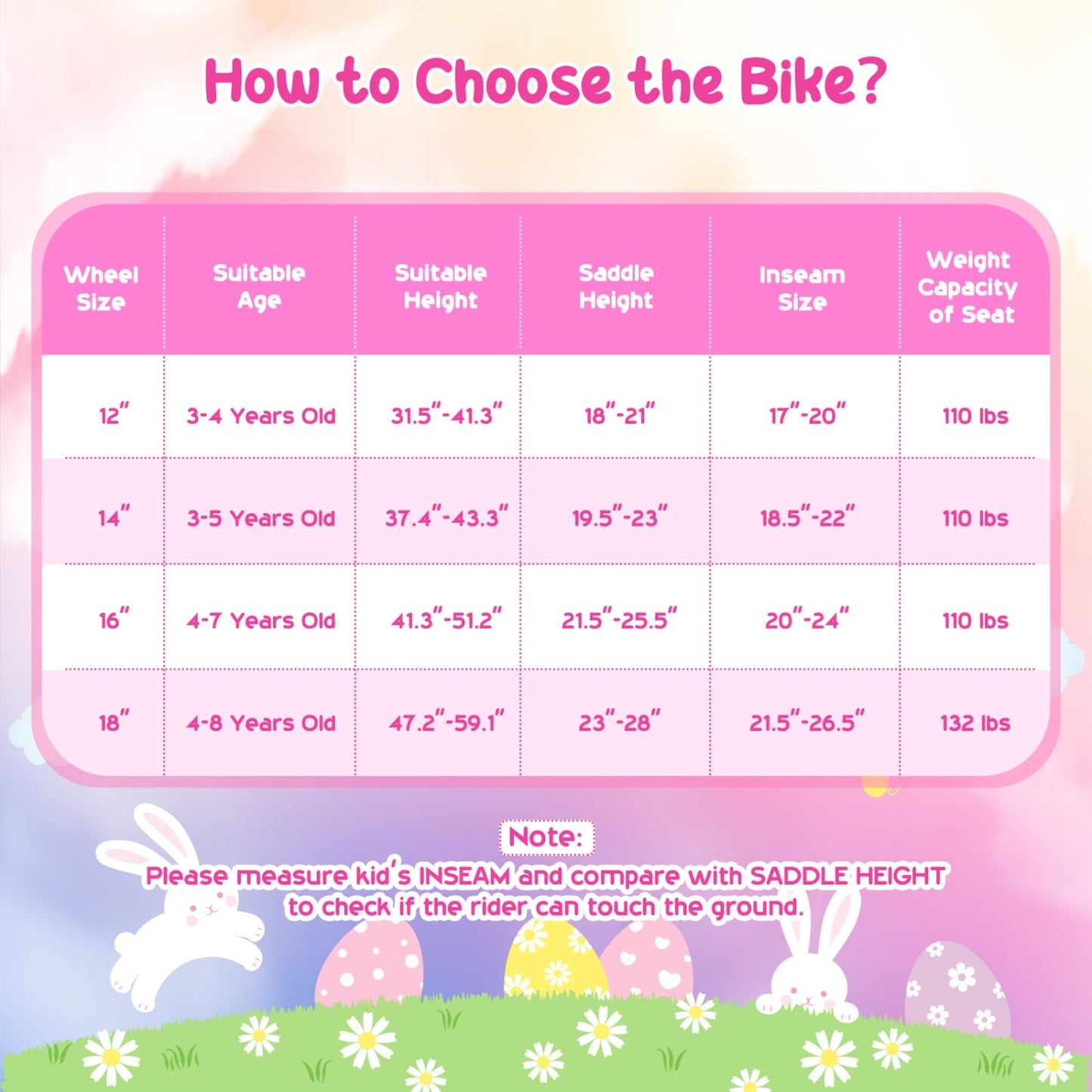 Vélo de fille 14 pouces, 3-5 ans, sac avant et guidons, rose