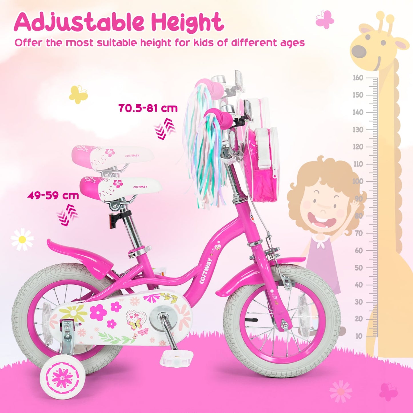 Vélo de fille 14 pouces, 3-5 ans, sac avant et guidons, rose