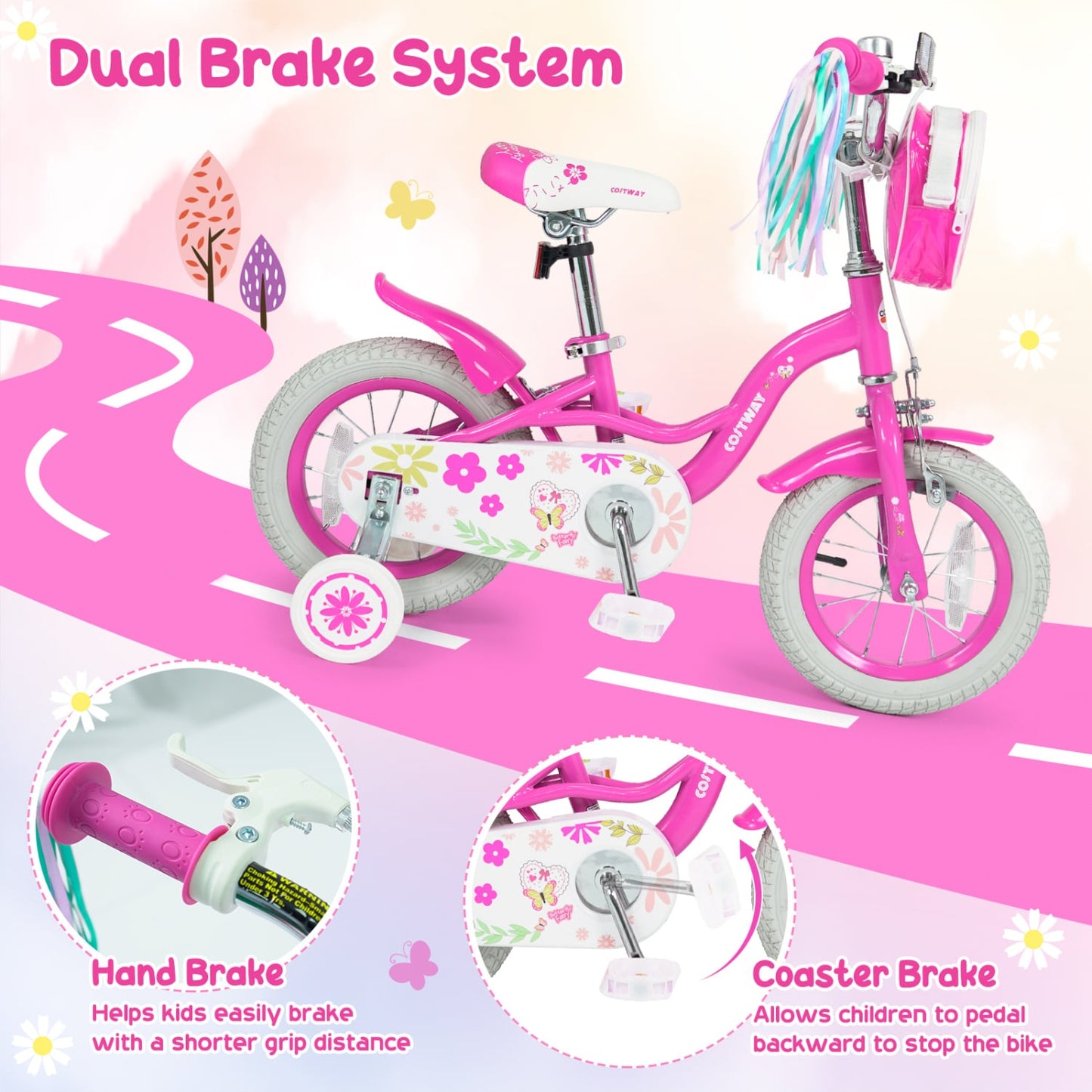 Vélo de fille 14 pouces, 3-5 ans, sac avant et guidons, rose
