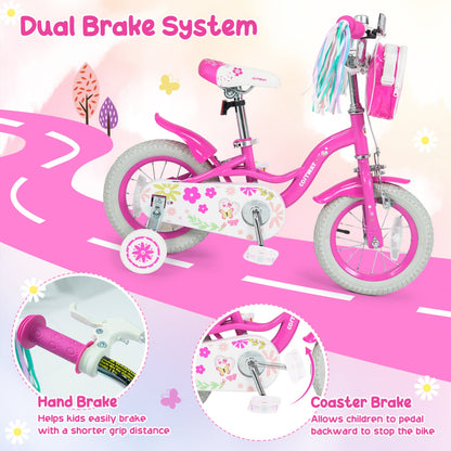 Vélo de fille 14 pouces, 3-5 ans, sac avant et guidons, rose