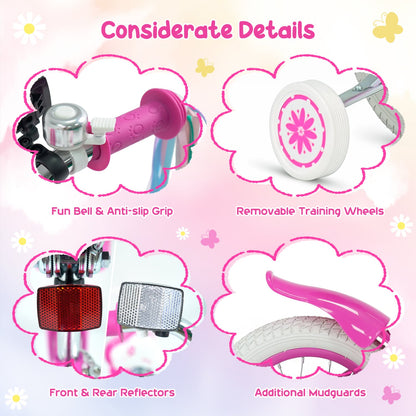 Vélo de fille 14 pouces, 3-5 ans, sac avant et guidons, rose