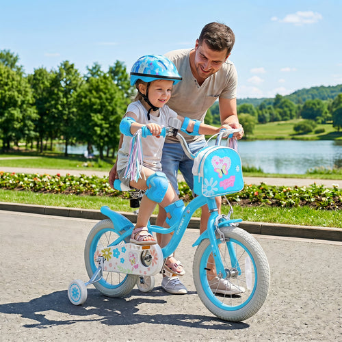 14 Inch Girls Bike With Front Bag, Streamers for 3-5 Years, Blue