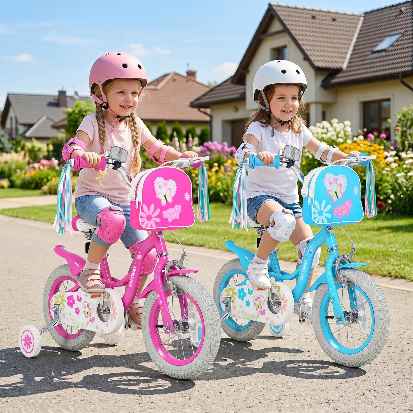 14 Inch Girls Bike With Front Bag, Streamers for 3-5 Years, Blue