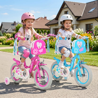 14 Inch Girls Bike With Front Bag, Streamers for 3-5 Years, Blue