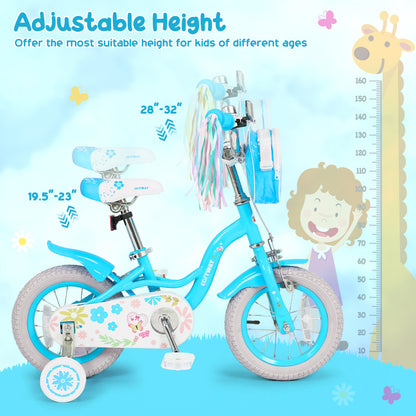 14 Inch Girls Bike With Front Bag, Streamers for 3-5 Years, Blue